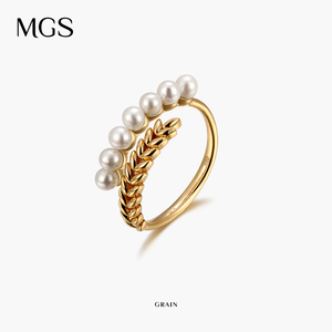 MGS曼古银麦穗系列925银镀18K金设计高级感复古珍珠戒指女开口戒