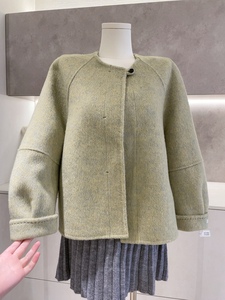 韩版双面羊毛外套圆领气质单扣宽松花苞袖杂色长袖尼短款大衣女