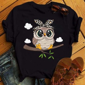 Cute owl Tees夏季时尚可爱卡通猫头鹰显瘦白色个性打底衫衣服女