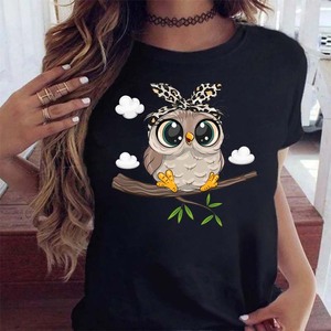 cute owl T-shirt大码猫头鹰卡通圆领白色上衣短装休闲半袖T恤