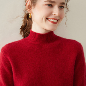 鄂尔多斯产100%纯山羊绒衫女半高领加厚宽松大码红色针织打底毛衣