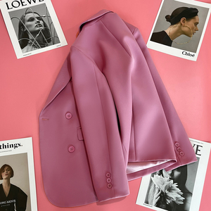 紫粉色设计感西装外套女2024春季新款休闲双排扣气质女神范小西服