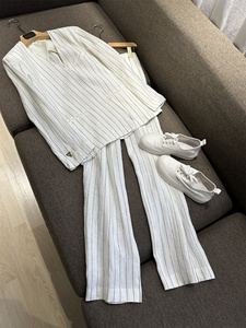 VANLU 高级法式度假套装/优雅随性 复古V领竖条纹亚麻西装+阔腿裤