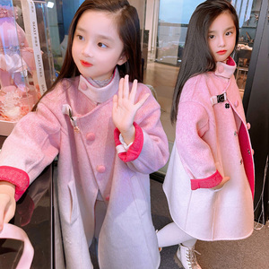 韩国女童双面呢大衣秋冬季洋气公主粉色羊绒大衣儿童羊毛呢子外套