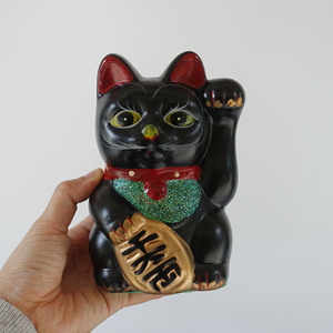 中古昭和手绘黑色招财猫陶瓷16cm摆件昭和日本玩具出口80年代