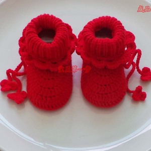 手工编织婴儿新生婴儿宝宝高筒靴子毛线步前鞋软底系带袜春秋成品