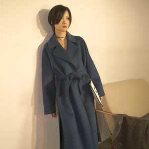 ZHEJIAN褶裥 设计师女装冬季系腰带外套双面尼中长款羊绒大衣