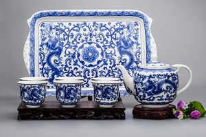 青花龙茶具陶瓷带茶盘居家日用带不锈钢过滤网茶具