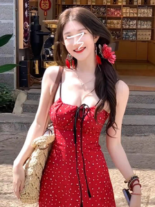 法国Rouje Renksy辣妹收腰红色吊带连衣裙女夏短裙海边度假沙滩裙