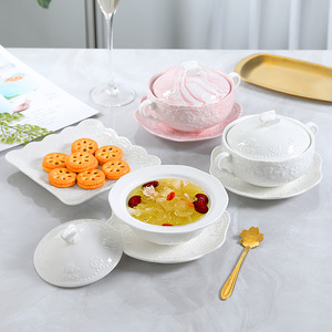 欧式浮雕纯白双耳燕窝碗甜品碗陶瓷蒸蛋碗带盖炖盅银耳碗汤碗盖子