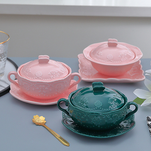 欧式浮雕双耳燕窝碗甜品碗创意陶瓷蒸蛋碗带盖炖盅银耳碗汤碗盖子