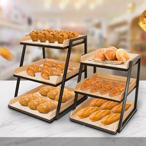 三层松木盘铁架面包架蛋糕干点水果陈列架超市促销架橱窗展示架