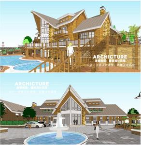 亲水北欧风/坡屋顶/泳池会所活动中心/木结构石头建筑设计/su模型