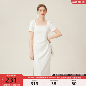 范思蓝恩法式方领气质小白裙女夏季2024新款修身短袖礼服连衣裙