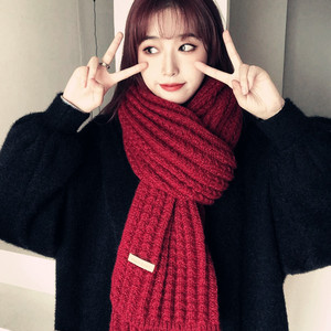 韩版针织毛线红色围巾女冬季2023新款百搭高级感学生保暖黑色围脖