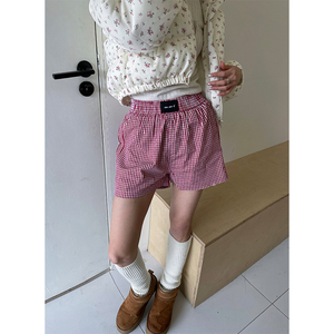 FunnySumey 夏季美式宽松小众设计感格子短裤女纯色束腰休闲裤潮