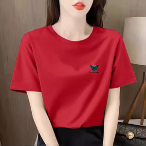 红色百搭半袖上衣2024年夏季新款纯棉短袖t恤女韩版时尚显瘦T桖衫