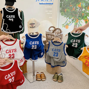 2022夏季韩版男女儿童字母运动套装宝宝无袖t恤+短裤篮球服两件套