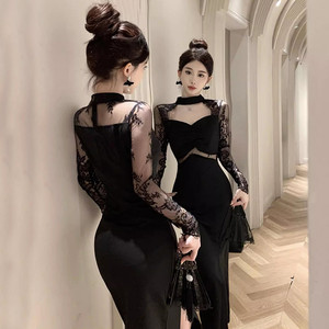 黑色旗袍晚礼服女高级感改良版年会中国风性感蕾丝拼接挂脖连衣裙