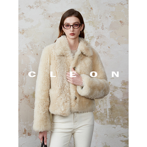 CLEON/2023年新款冬季进口冰岛毛翻领短款皮毛一体外套女皮草外套