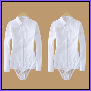 新款白色长袖连体衬衫女装弹力防走光连裤衬衣修身面试女装
