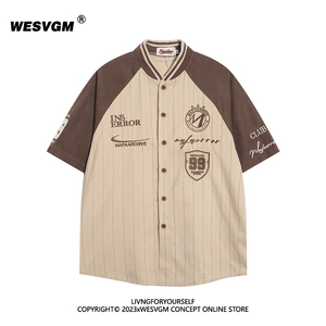 WESVGM原创美式复古学院风棒球领撞色短袖衬衫刺绣条纹宽松衬衣潮