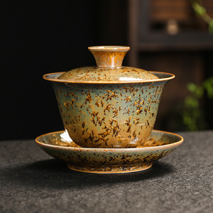 陶瓷三才盖碗茶杯茶具套装单个结晶釉大号不烫手高档中式泡茶碗