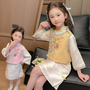 中小女童新中式汉服套装2024新款儿童小女孩春装马甲旗袍裙两件套