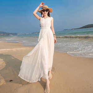 大牌修身白色真丝长款连衣裙气质飘逸桑蚕丝海边度假长裙沙滩裙仙