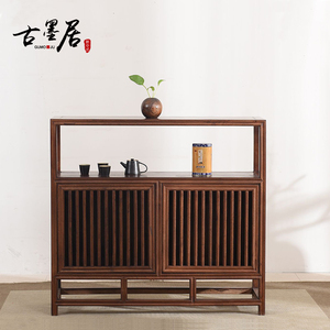 新中式茶水柜黑胡桃矮博古架实木储物柜现代简约原木仿古博古架