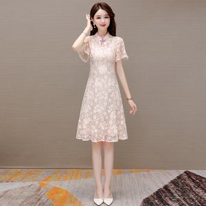 新中式改良旗袍连衣裙子女夏季年轻款气质高端精致中年妈蕾丝礼服