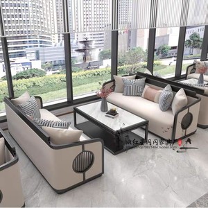 新中式售楼部实木沙发组合大厅民宿会所酒店接待洽谈茶楼卡座家具