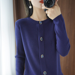 2021年秋季新款羊毛开衫女圆领大码短袖针织藏蓝色毛衣外套韩式