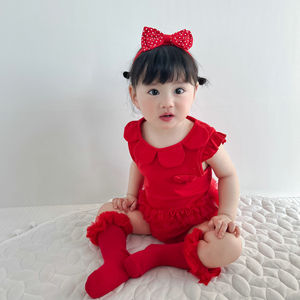 夏季女宝宝喜庆红色满月服爬服飞袖棉连体衣哈衣发带婴幼儿服装