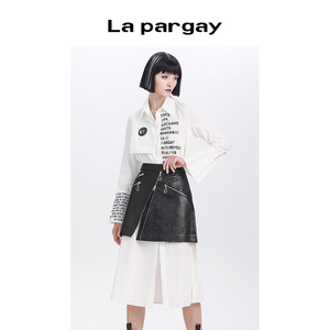Lapargay纳帕佳2023新款女装黑白色上衣欧美时尚长袖字母长款衬衫