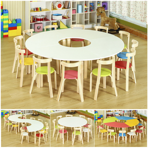 幼儿园实木桌椅大圆桌创意拼接小学生桌子绘本馆木头圆形桌子厂家