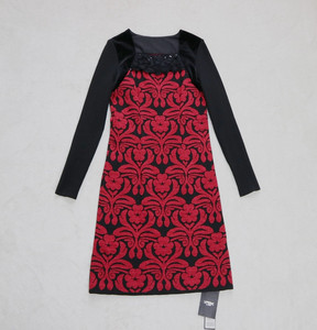 专柜正品冬春秋女装长款羊毛衫黑红色长袖钉珠花边针织羊毛连衣裙
