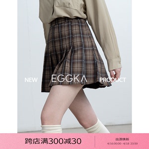 EGGKA 高腰短裙女2024新款春秋a字格子半身裙学院风百褶裙小个子