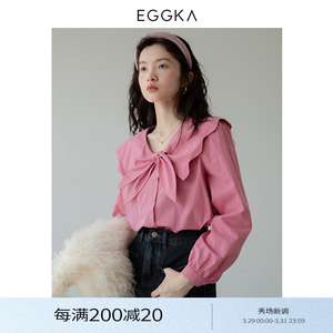 EGGKA 衬衫2024新款女秋季长袖法式复古娃娃领宽松衬衣小个子上衣