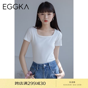 EGGKA白色方领短袖T恤女修身夏秋季圆领体恤打底正肩长袖短款上衣