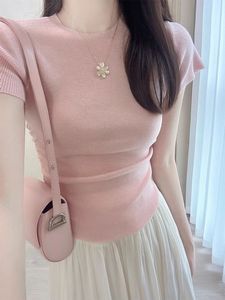 正肩粉色冰丝短袖t恤女夏季独特别致设计感短款修身绝美针织上衣