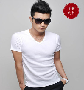夏装韩版男士修身白色V领短袖T恤紧身纯棉纯色打底休闲T恤内衣