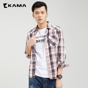 KAMA 卡玛长袖衬衫男士休闲修身格子衬衣