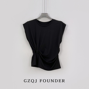 GZQJ【柔情旋律】打结设计感圆领时尚修身纯色无袖T恤上衣女夏季