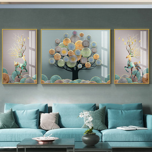 现代简约客厅装饰画沙发背景墙招财麋鹿挂画大气轻奢三联壁画墙画