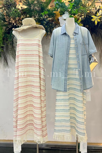 夏季新款大码女装条纹吊带连衣裙波西米亚设计感流苏无袖长裙T.mi