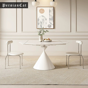 奶油风纯白色哑光岩板餐桌旋转伸缩折叠华尔兹餐桌方变圆两用桌子