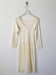 vintage古着日本制米色针织蕾丝花边长袖修身连衣裙