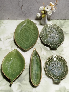 创意绿色树叶盘外贸陶瓷餐具欧式复古浮雕点心盘汤菜盘家用零食盘