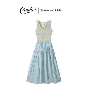 CANDIES 蓝色针织拼接无袖连衣裙女夏季新款设计感小众中长裙子